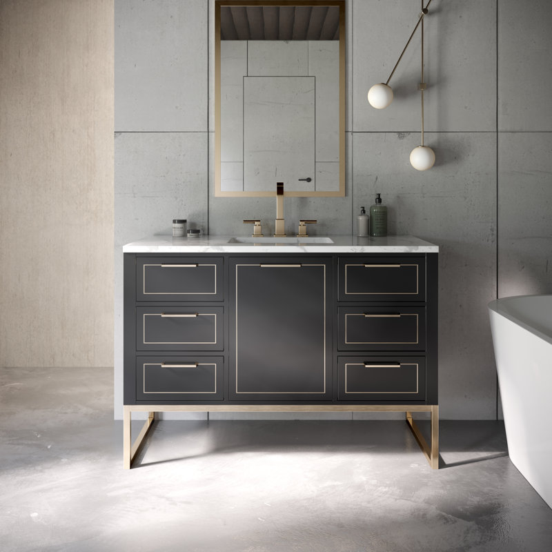 Markham 48'' W Single Vanity, Carara Marble, Midnight Black, Satin Brass
