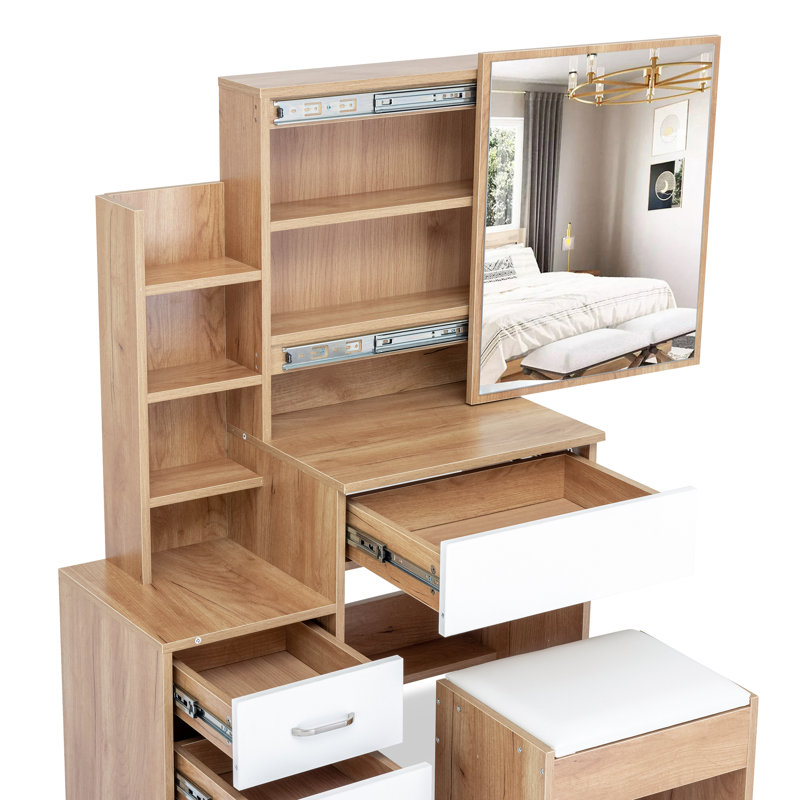 Ahmier Dressing Table with Sliding Mirror, Pine/White