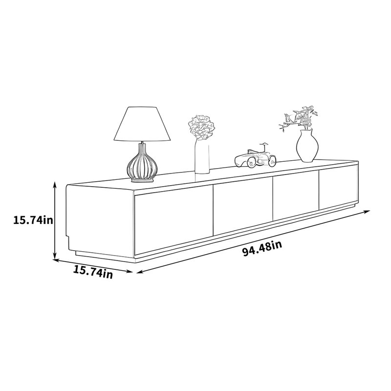 Meuble télé multi-tiroirs avec base pleine, H 15,74 po x L 94,48 po x l 15,74 po, Noir / brun clair