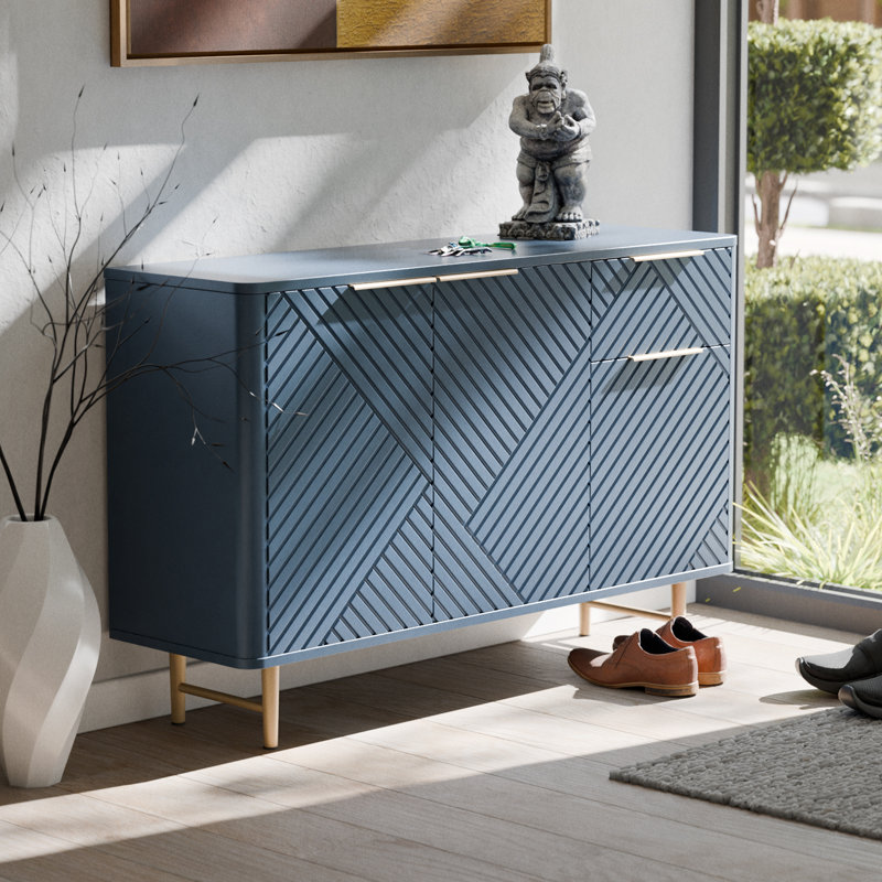 Modern Sideboard Buffet Cabinet With Storage, 47'' Navy Blue Credenza Gold Handles With 3 Doors And 1 Drawers, Wooden Kitchen Coffee Bar Cabinet For Living Room Farmhouse, Hallway