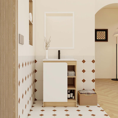 24-Inch Freestanding Bathroom Vanity With Thin-Rim Ceramic Sink, Open Shelving, Dual-Colour Panels, And Moisture-Resistant Plywood Construction.