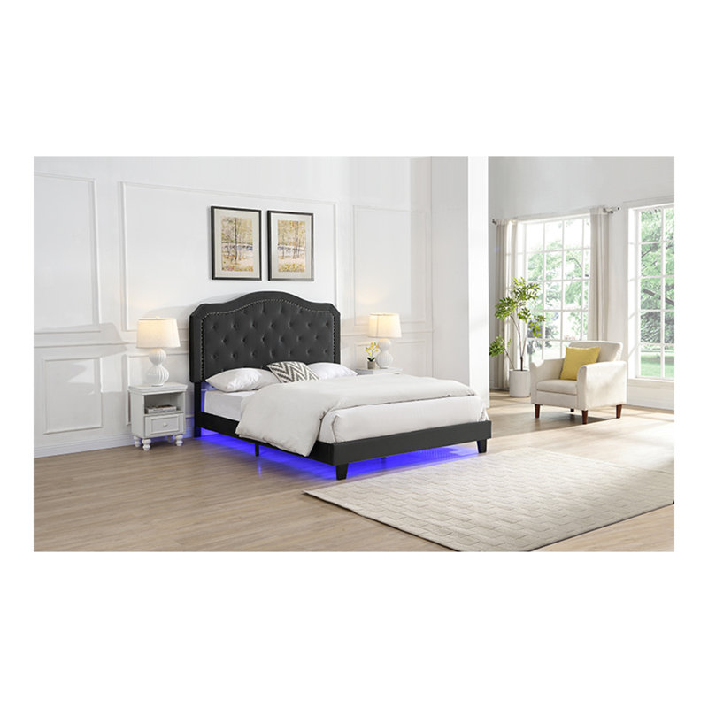 Bouton de lit rembourré capitonné avec un design incurvé - Support en lattes de bois massif - Assemblage facile - Velours noir - Avec lit plateforme à DEL - Grand
