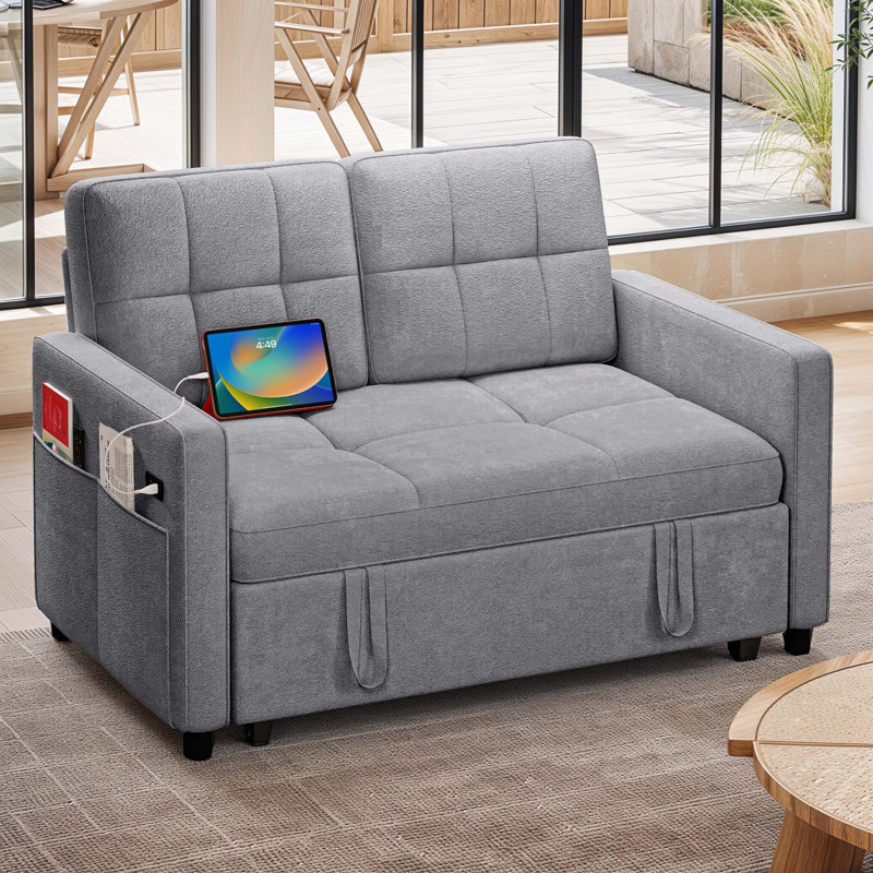  Canapé-lit inclinable convertible 3-en-1 de 54 po de largeur avec prises de courant, Gris