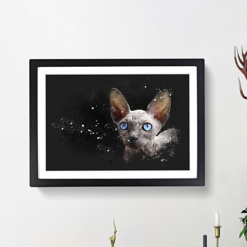 Blue Eyed Sphynx Cat - Single Picture Frame Painting on MDF, 45cm H x 63cm W x 2cm D, Black Framed