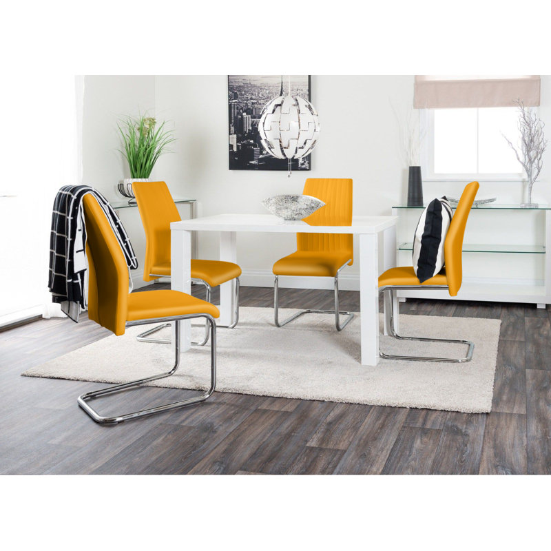 Eubanks High Gloss 4 Seat Rectangular Dining Table Set with Faux Leather Upholstered Dining Chairs, Mustard Yellow
