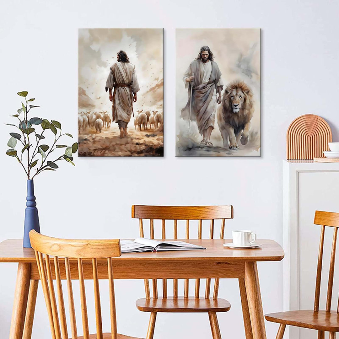Framed 2Pcs Jesus Canvas Wall Art Boho Christian Wall Art Jesus And Lamb Prints Wall Decor Lamb Of God Pictures Posters Lion Of Judah Paintings For Li