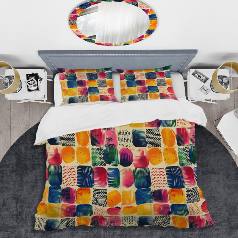 Ensemble de housse de couette géométrique rouge bleu géométrique III, Housse de couette pour grand lit et 2 taies décor