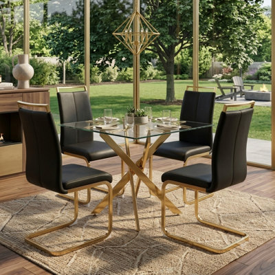 Amari 3-5-Piece Modern Square Tempered Glass Dining Set with Metal Cross Legs and Faux Leather Chairs