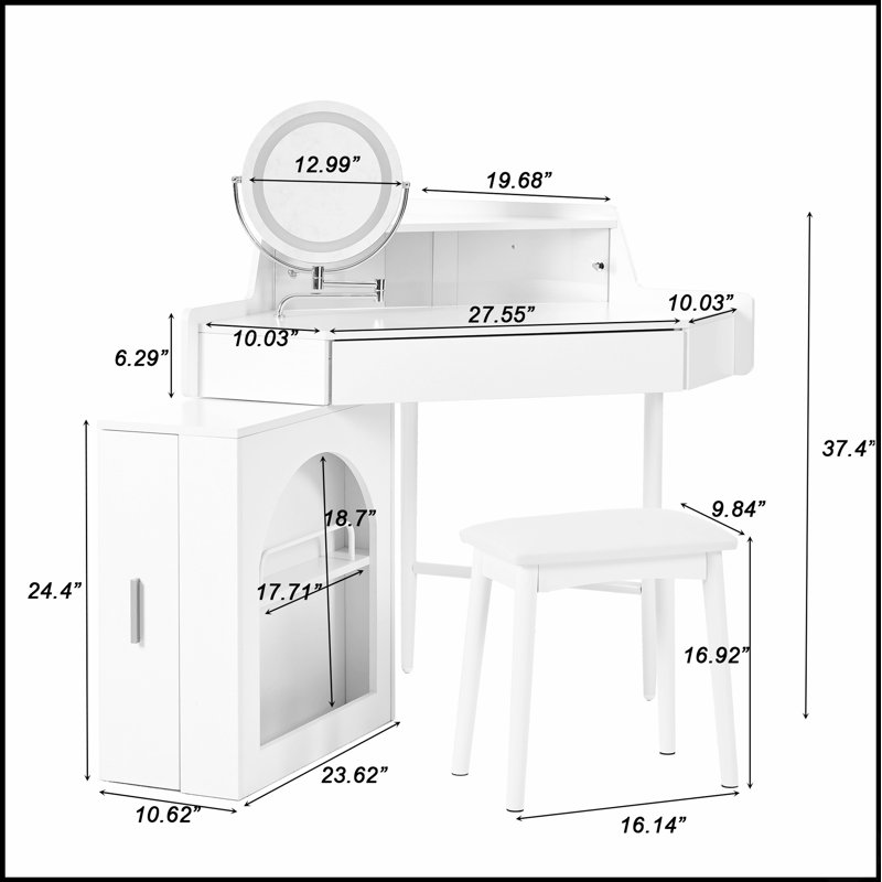 Bureau de coiffeuse d'angle avec lumières DEL, miroir réglable et grand espace de rangement pour les petits espaces