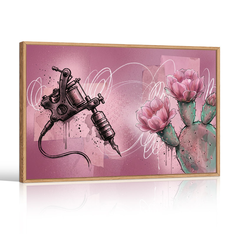 Art mural sur toile "Machine à tatouer noire" et fleur de cactus rose, H 32 po x l 48 po