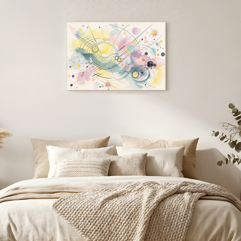 Aquarelle abstraite, cercles et lignes aux couleurs pastel, H 32 po x l 48 po