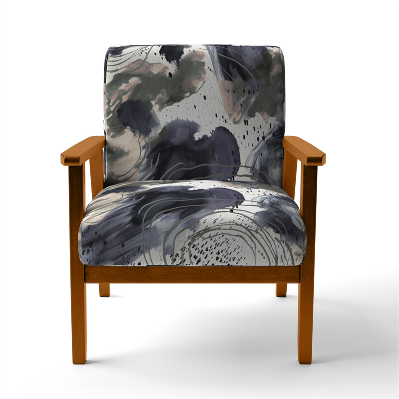 Abstract Pattern With Blue & Golden Textures II - Upholstered Modern Velvet Arm Chair, Brown, Beige/White/Navy Blue/Gray