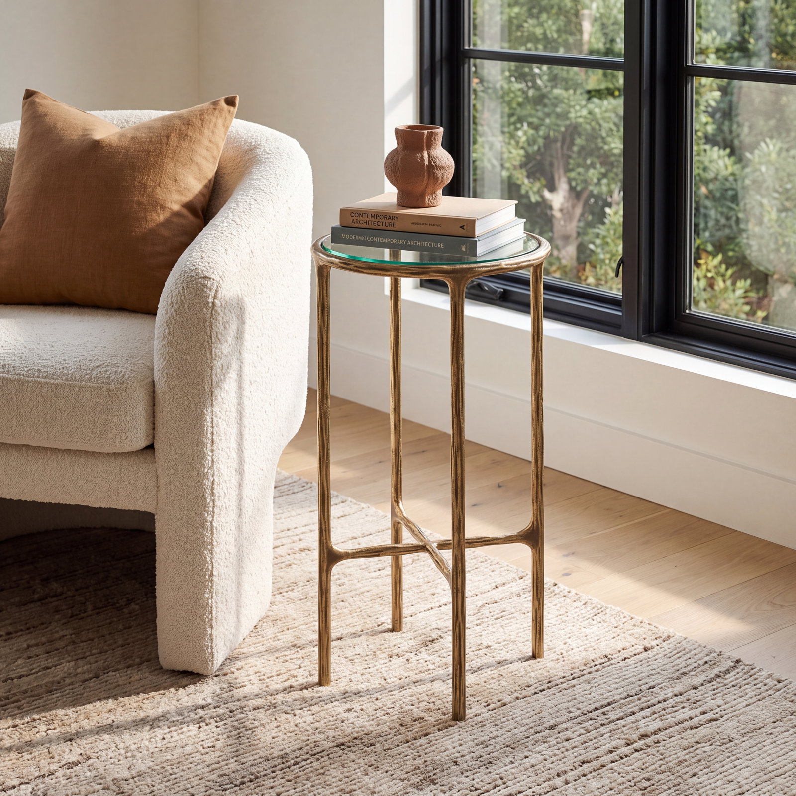 Evelynn 12" Genuine Marble End Table, Glass Top/Brass Base