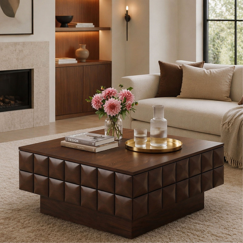 Table basse contemporaine 32,7 pouces, plateau de table en placage de bois de frêne avec enveloppe géométrique en relief en cube 3D, table de centre minimaliste au fini noyer pour espace de vie d'appartement et de maison