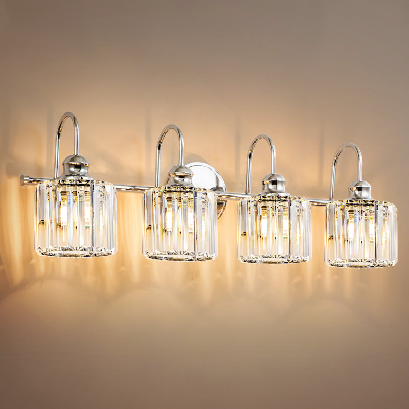 Gjystina 3-Light Dimmable Gold-Black/Chrome Crystal Vanity Light, 4 Lights, Silver