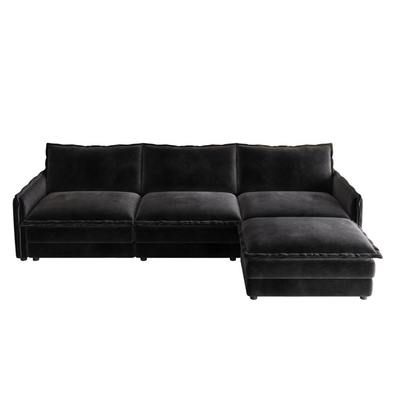 109" Sofa With Ottomans, Black Corduroy