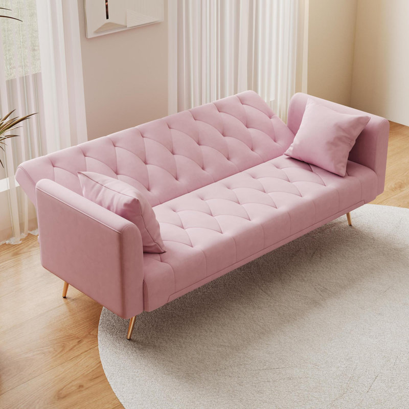 Soft and cosy tufted upholstered Futon Sofa, Pink Velvet