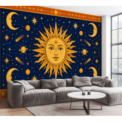 Wall Mural Peel and Stick Wallpaper Moon Sun Celestial Hippie Witchy Aesthetic Yellow Blue Face Human Self-Adhesive Removable Contact Paper Wall Decor for Living Room Bedroom 100"H x 144"W