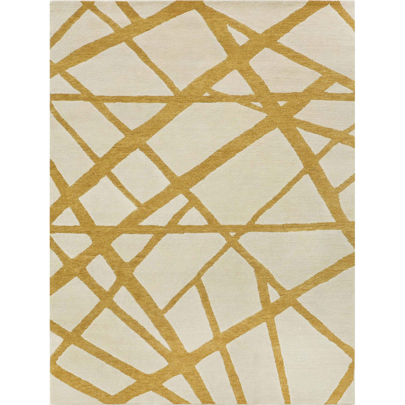 Tapis beige et doré de haute qualité noué à la main, Rectangle 6 pi x 9 pi