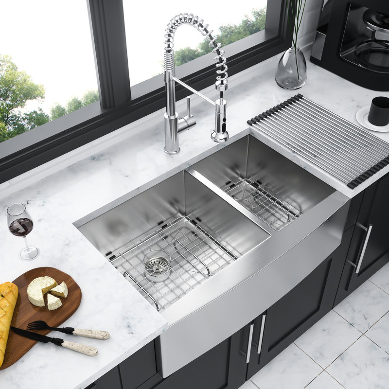 16 Gauge, 36", Double Bowl, Stainless Steel, Kitchen Sink, Sound - Proof, Pad, Condensation Coating, Drain Assembly, Template Drying Rack, Installation Guide