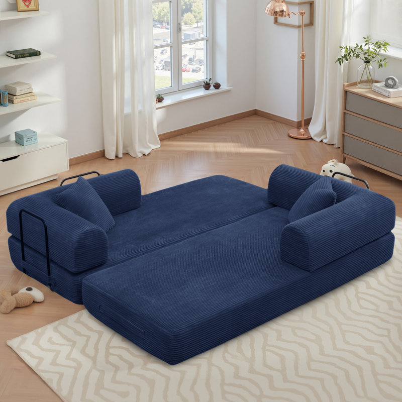 89" Boneless Corduroy Sleeper Sofa Bed, Modular Futon Couch, Compression Foam Sofa with 2 Pillows, No Assembly Required, Blue
