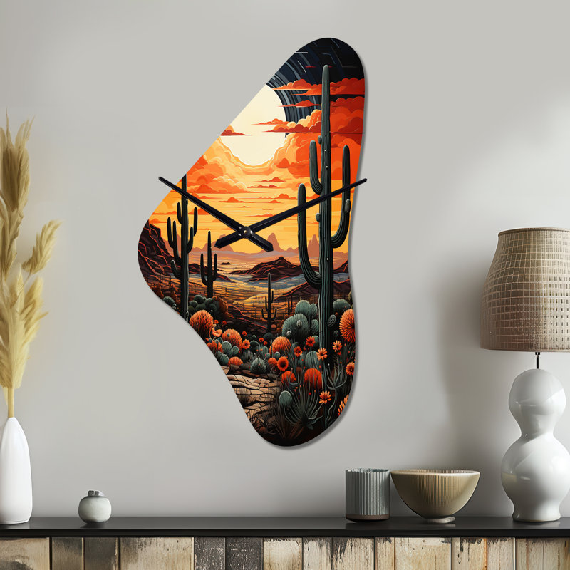 Orange, jaune, cactus, désert, coucher de soleil, Saguaro - horloge murale en forme de cactus, horloge murale asymétrique