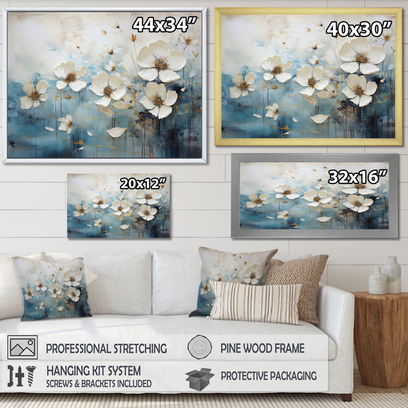 Collage saisonnier bleu et blanc sur toile, Cadre naturel flottant, H 16 po x l 32 po x P 1 po
