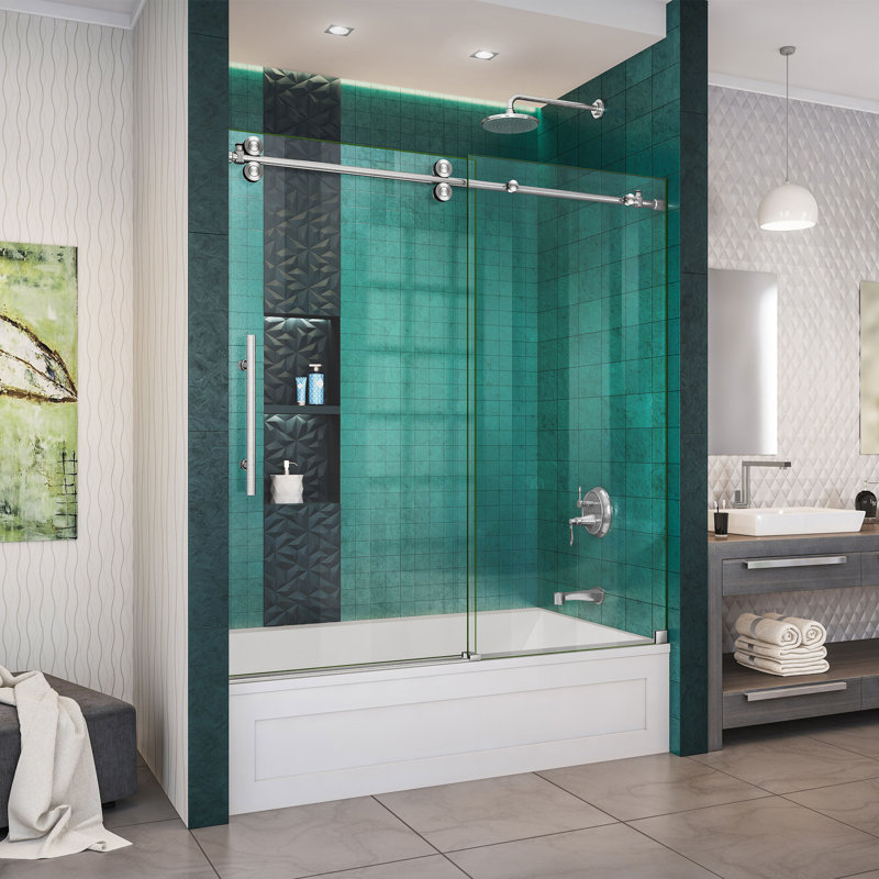 Enigma-XO 55" W x 62" H Single Sliding Frameless Shower Door with Clear Max Technology, Brushed Stainless Steel