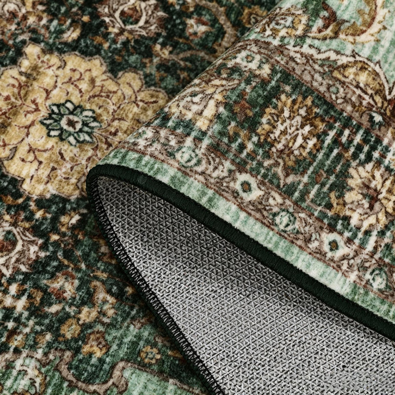Tapis médaillon rétro pour le salon, la chambre à coucher, la salle à manger, Vert, Rectangle 5 pi x 7 pi