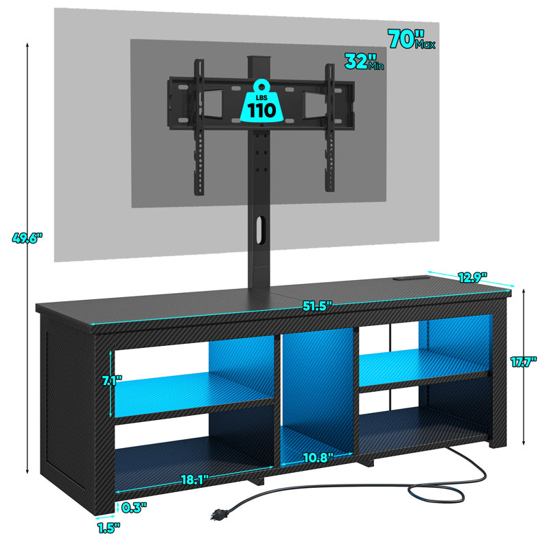 Adjustable Tv Stand With Led Lights And Power Outlets For 32 To 70 Inch Tvs, Black