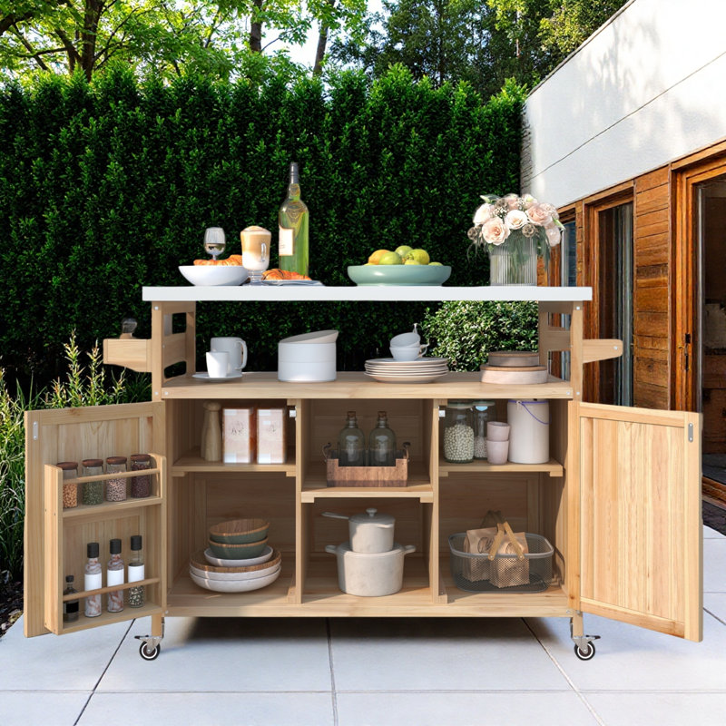 Outdoor Kitchen Island With Stainless Steel Top, Natural
