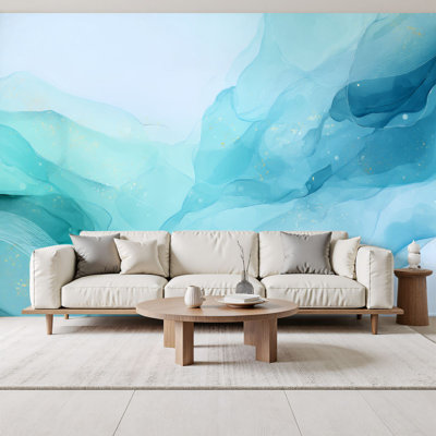 Peel and Stick Wallpaper Abstract turquoise teal blue liquid marbled watercolour silver lines Wall Murals 69"H x 96"W Removable PVC Wall Paper Self-Adhesive Wall Decor for Bedroom Living Room Home Office