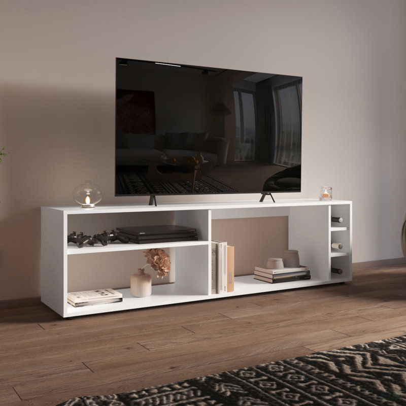 Meuble télé pour écran de 70 po avec rangement ouvert et finition en mélamine Mayo, Blanc