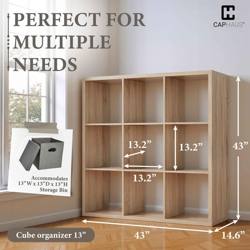 Étagère de rangement à 9 cubes avec bord extérieur très épais, cloison de rangement ouverte de 13 pouces, chêne naturel