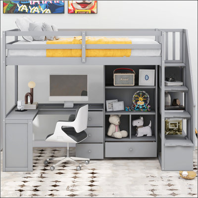 Lit mezzanine simple avec bureau en L et tiroirs