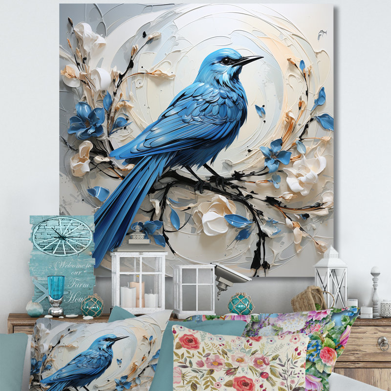 Oiseau bleu minimalisme blanc et fleurs bleues, H 16 po x l 16 po x P 1 po
