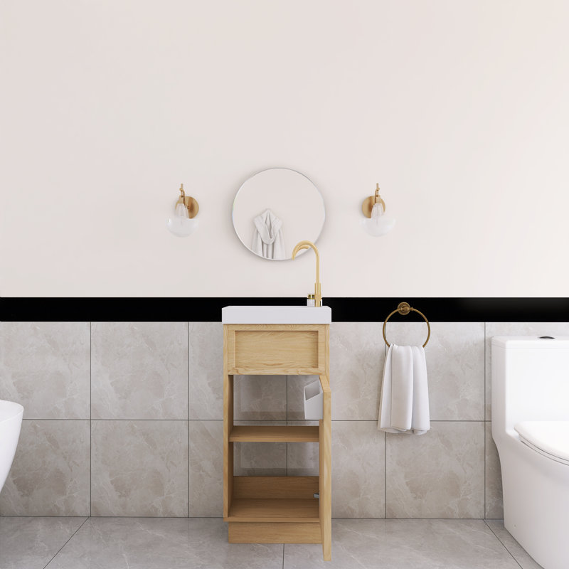 16 po Meuble-lavabo autoportant à simple cuve en chêne avec plateau en résine blanche