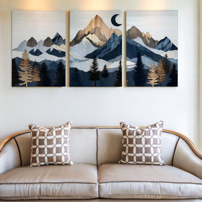 3 pièces d'art mural de paysage de montagne avec des arbres aux tons terreux, art mural trois pièces pour le salon, la chambre à coucher et le bureau, prêt à être accroché