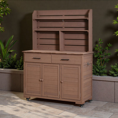 65''H Large Garden Potting Bench With Lockable Wheels And Storage Cabinet, Wood Outdoor Kitchen Island Prep Cart With Hutch Top
