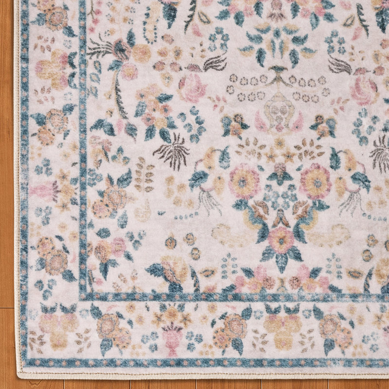 Floral Vintage Boho Washable Area Rug 8x10, Non-Slip Low Pile Ultra-Thin Soft Throw Rug, Non-Shedding Indoor Carpet for Entryway Bedroom Living Room Kitchen Bathroom Dorm Playroom