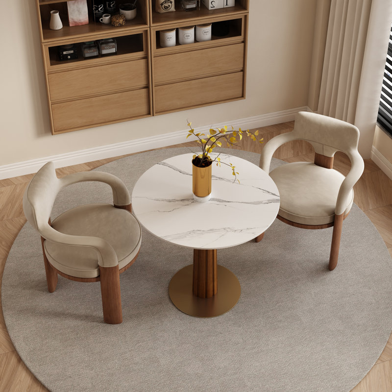 Ensemble de table de salle à manger 33 po de style contemporain de luxe avec piédestal en noyer rayé et base dorée - disponible en verre onyx minuit, texture arctique, brume du Sahara et finitions en marbre noir quadrillé