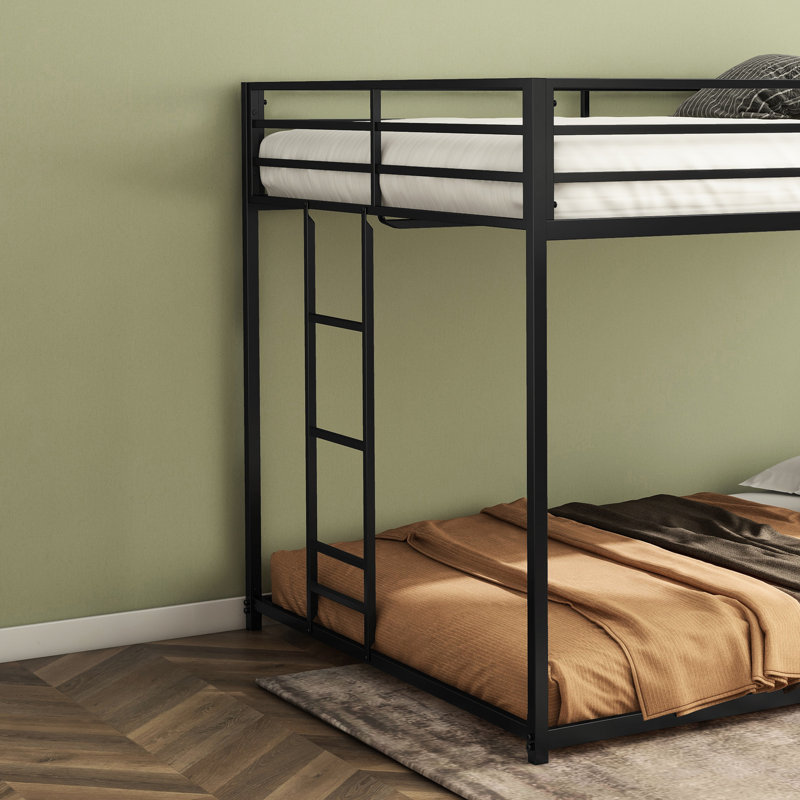Lit superposé double sur profil bas, métal noir, idéal pour les chambres à coucher contemporaines, escaliers faciles, garde-corps de longueur, profil en métal robuste à support plein / double classique, dortoirs convenables, cadre,