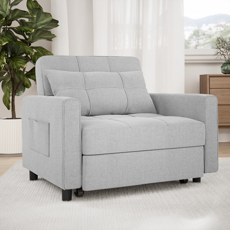 3-in-1 Convertible Accent Chair with Pillow, Adjustable Recline, Linen Fabric, Steel Frame, Gray Linen Blend