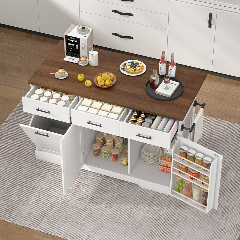Îlot de cuisine avec armoire de rangement et poubelle, table de salle à manger de 55 po avec abattant et station de charge