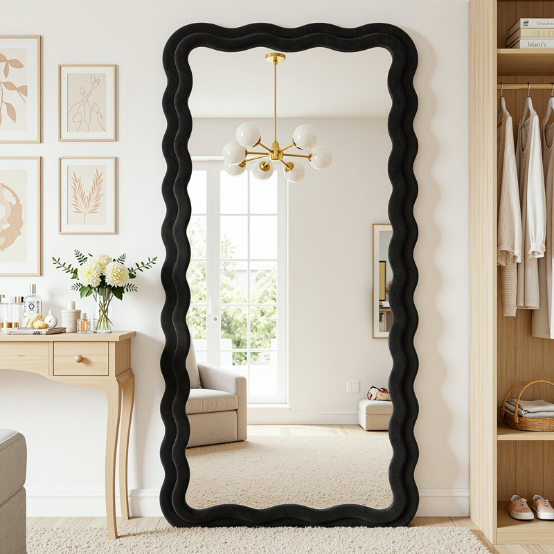 Irregular Wavy Full Length Mirror with Flannel Wrapped Frame, 78" x 38", Black