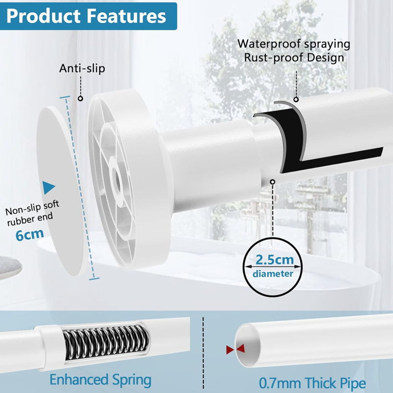 48cm Straight Tension Shower Curtain Rod & Hook Set, White