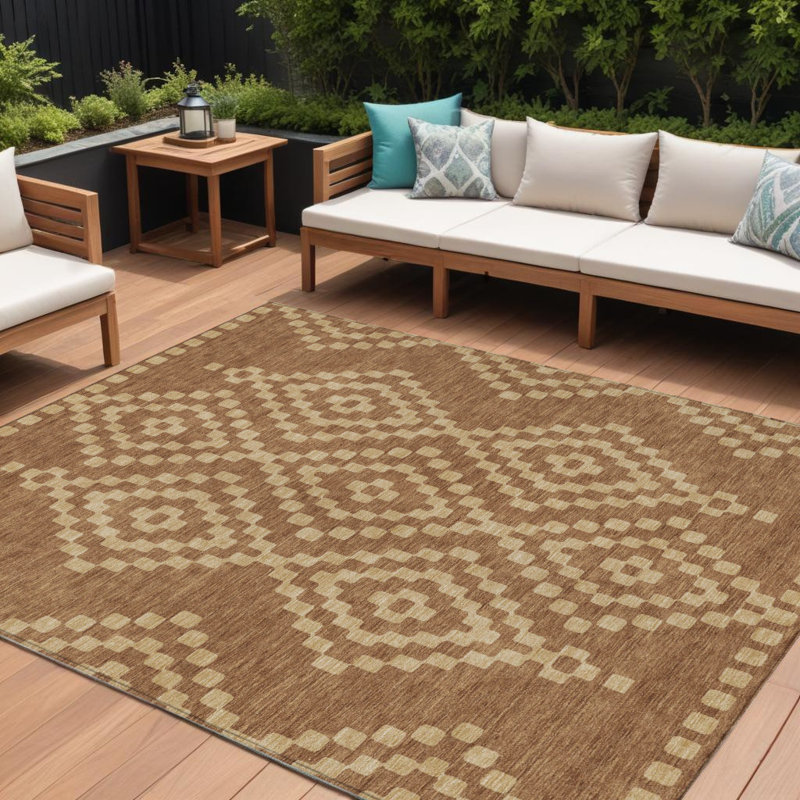 Tapis intérieur / extérieur géométrique lavable 9 pi x 12 pi brun et beige