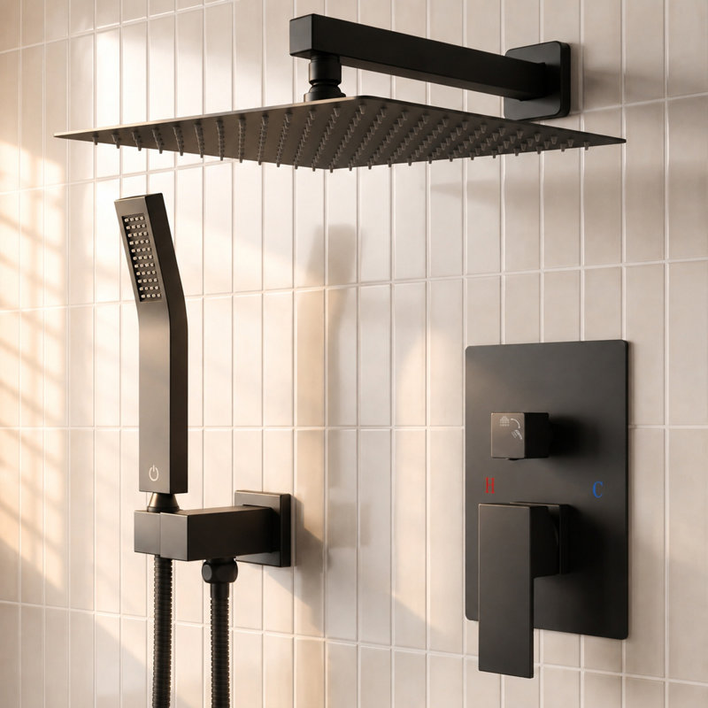 FORIOUS 12-Inch Rainfall Shower System with Handheld Spray and Pressure-Balanced Rough-In Valve, 1.8 GPM, Black