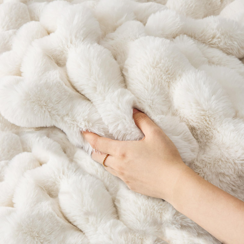 Throw Blanket For Couch Super Soft Cozy Bubble Blankets, Fleece Faux Rabbit Fur Blanket For Bed Sofa, 50" W x 60" L, Beige