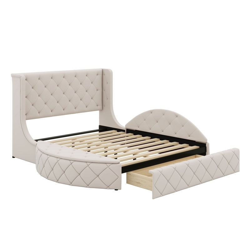 Lit plateforme tapissier avec tête de lit à oreilles et 1 grand tiroir, 2 tabourets de rangement latéraux, Beige